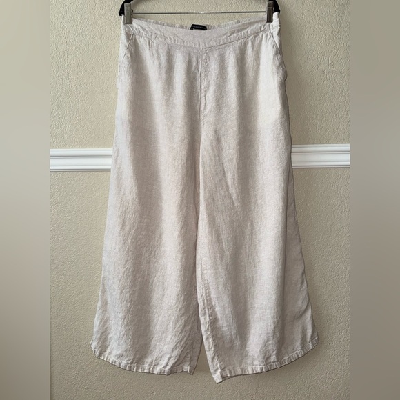 100% Linen Wide Leg Cropped Pull On Pants Neutral Cream Beachy Coastal Large - Picture 9 of 10